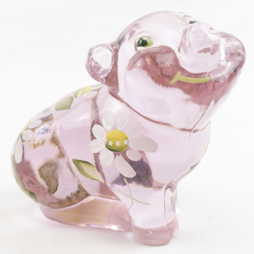 lot 29A image: FENTON Pink Hand Painted Floral Sitting Pig Figurine.