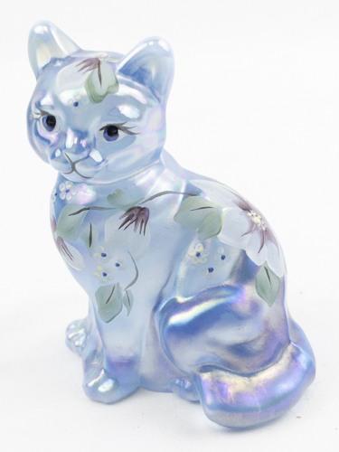lot 38L image: FENTON Blue Opalescent Hand painted Floral Sitting Cat Figurine