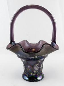 lot 24E image: 9 FENTON Amethyst Carnival Hand Painted Floral Basket.