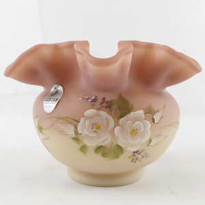 lot 24F image: 3.5 FENTON Burmese Circle of Love Hand Painted Ruffle Bowl. Limited Edition 35163 Produced Exclusively for Joyce Colllella.