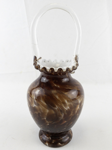 lot 24L image: 10 FENTON VASA Murrhina Autumn Orange Case White with Crystal Handle Ruffle Top Basket Only One Made
