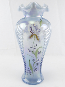 lot 24O image: 11 FENTON Iridescent Feather Opalescent Hand Painted Floral Vase.