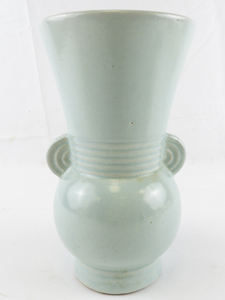 lot 24P image: 8.5 1930s() Art Deco McCoy Aqua Glaze Pottery Vase with Ear Handles.