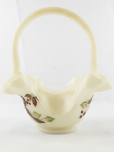 lot 24S image: 7.5 FENTON Custard Hand Painted Poinsettia Christmas Basket. -Measures 7.5x6.5