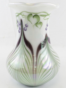 lot 24U image: 9 Fenton Opal Satin Vase. Leaves & Vines Vase. Limited Edition 241950