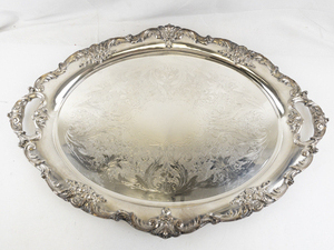lot 64 image: Reed & Barton King Francis Silverplate 31x21 HUGE Oval Handle Serving Tray. 1655-30.