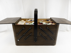 lot 82 image: Vintage Sewing Box with Legs, -Includes Sewing Supplies.