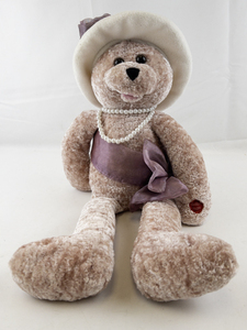 lot 86 image: Vintage 22 PBC Plush Lady Bear Rose with Hat & Pearl Necklace. -Musical.