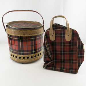 lot 94 image: Vintage Hamilton Skotch Plaid Portable Grill with Plaid Thermos Picnic Bag