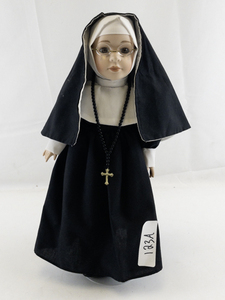 lot 123A image: Vintage 15 Plastic Catholic Nun Doll with Rosary & Stand.