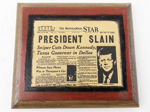 lot 247 image: The Minneapolis Star President Slain Clipping on Wooden Plaque -Kennedy