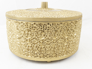 lot 252 image: Vintage Round Foot Sewing Box Hollywood Regency Rococo Plastic Filigree