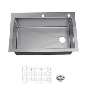 lot 15 image: Glacier Bay Tight Radius 33 in. Drop-In Single Bowl 18 Gauge Stainless Steel Kitchen Sink with Accessories Customer Returns See Pictures