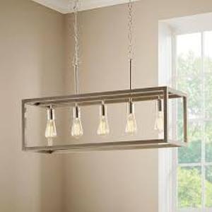 lot 32 image: Hampton Bay Boswell Quarter 34 in. 5-Light Brushed Nickel Farmhouse Linear Chandelier with Weathered Wood Accents   Customer Returns See Pictures
