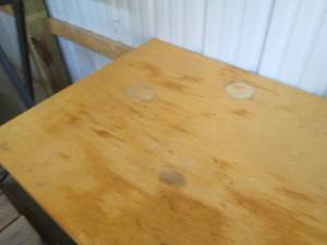 lot 130 image: Wood top table with metal tubular l...