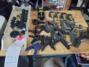 lot 221 image: Lot of clamps and mineral oil bottles