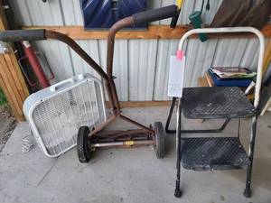 lot 225 image: Fan, antique push mower, step ladder