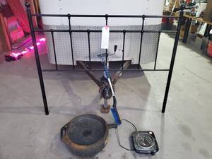 lot 226 image: Queen bed headboard, ice scraper, heater, oil catch pan