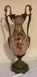 lot 68 image: Vintage Hand Painted Porcelain Vase with Ornate Brass Accents and Figural Twin Bird Handles