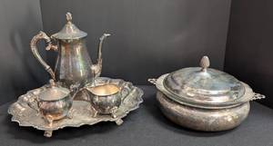 lot 135 image: Vintage Silver Plated Tea Set and Covered Dish