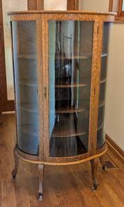 Vintage Curved Glass Oak Display Cabinet