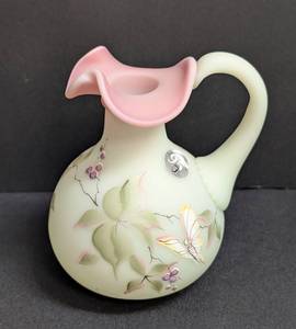 lot 29 image: Small Fenton Lotus Mist Burmese Painted Glass Pitcher