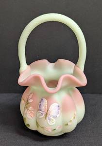 lot 28 image: Small Fenton Burmese Hand Painted Glass Butterfly Basket