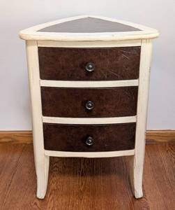 lot 22 image: Unique Painted Triangle Table with Leather Accents by Lorts