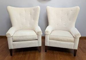 lot 7 image: Pair of Stickley Cream High Back Upholstered Armchairs