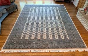 Blue and Cream Knotted Wool Bokhara Area Rug
