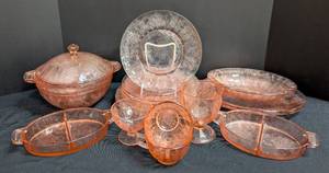lot 204 image: Pink Poinsettia Depression Glass Dishes