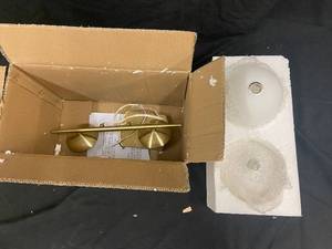 lot 16 image: Two-Light Brass Ceiling Fixture with Frosted Glass Shades