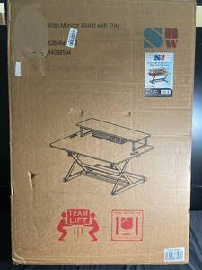 lot 51 image: SHW Height Adjustable 36-Inch Desk with Monitor Riser, Rustic Brown