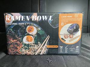 lot 68 image: Vtlemon Ceramic Ramen Bowl Set for 2 with Porcelain Starry Blue Bowls