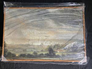 lot 112 image: Large Framed Landscape Oil Painting in Plastic Wrap