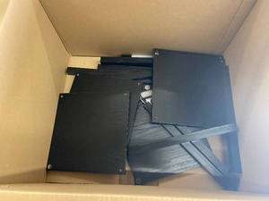 lot 123 image: Unassembled Black Wooden Shelf Kit with Patent US 8408762 B2