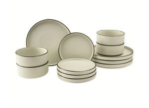 lot 374 image: Thyme & Table 12-Piece Cream Ribbed Stoneware Dinnerware Set, Service for 4, Aden Collection