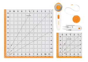 lot 220 image: 5PCS Fiskars Quilting Essentials Set Rotary Cutter, Thread Snips, Measuring Tape, and 2 Rulers