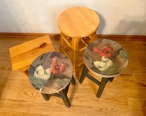 lot 36 image: Lot of Misc. Wooden Stools - Including RoosterChicken