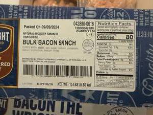 lot 27 image: G. 15lbs  9 Thin Sliced Hickory Smoked Bulk Bacon-Wright Brand