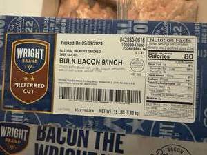 lot 28 image: G. 15lbs  9 Thin Sliced Hickory Smoked Bulk Bacon-Wright Brand