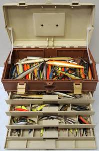 lot 21 image: Plano 5 Tray Tacklebox Top & 4 pullout trays with 100s of damaged RAPALAS mostly lips customized for use, repair, or parts.
