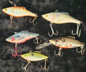 Lot of various Rattletrap baits - 2 RAPALA , 1 Berkley & 2 other