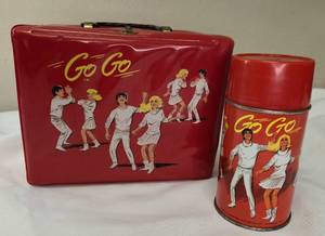 lot 58 image: 1966 Aladdin  Red Vinyl Go Go Lunch Box with Original Thermos Dancers
