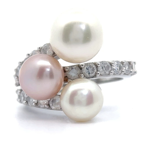 lot 45 image: Triple Freshwater Pearl & Cubic Zirconia Split Wrap Ring VIDEO