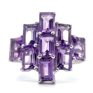 lot 27 image: Baguette Amethyst Art Deco Style Cluster Ring - info on bag doesnt match tag VIDEO