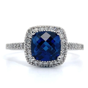 lot 14 image: NEW 0.15 Carat PavDiamond Halo & Blue Sapphire Ring in 14k White Gold VIDEO