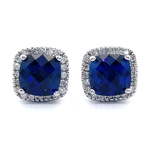 lot 15 image: NEW 0.15 Carat Blue Sapphire & PavDiamond Halo Stud Earrings in 14k White Gold VIDEO