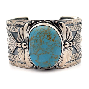 lot 33 image: Bold XL Sterling Silver Turquoise Navajo Highly Textured Open Bangle Bracelet VIDEO