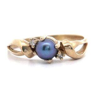 lot 54B image: 5mm Black Pearl & Diamond Artistic Ring in Yellow Gold VIDEO